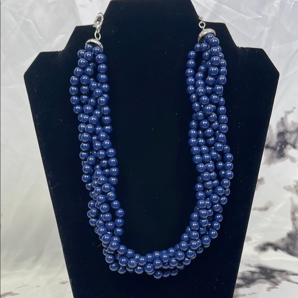 Chunky Twisted Blue Bead Necklace with Silvertone Adjustable Chain Lobster Clasp